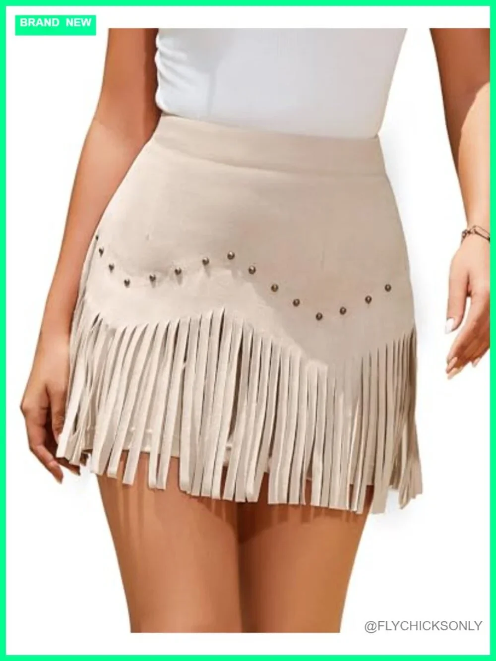 Faux Suede Fringe Mini Skirt with Rivets High Waist Elastic Western Cowgirl